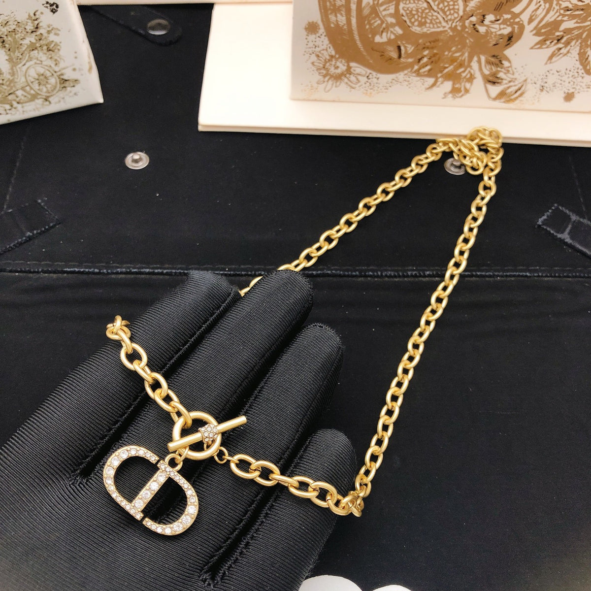 Graphic Letter Motif Pendant Necklace in Polished Metal-Tone with Crystal-Style Accents – Design 006 side detail