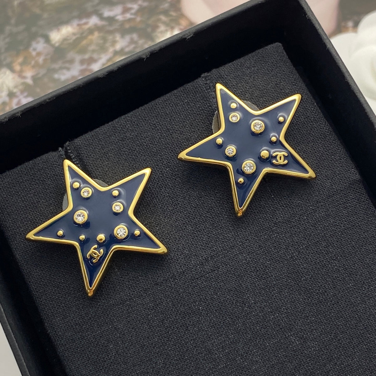 Double-C Emblem Crystal-Accent Stud Earrings – Star Detail – Design 003 side detail