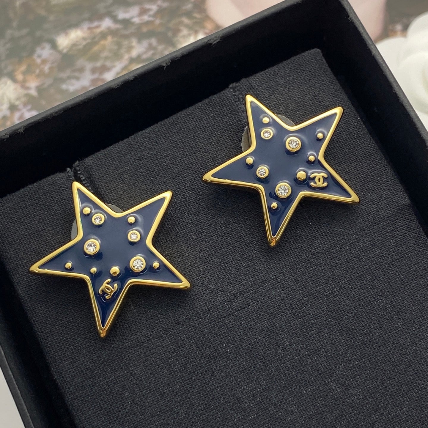 Double-C Emblem Crystal-Accent Stud Earrings – Star Detail – Design 003 side detail