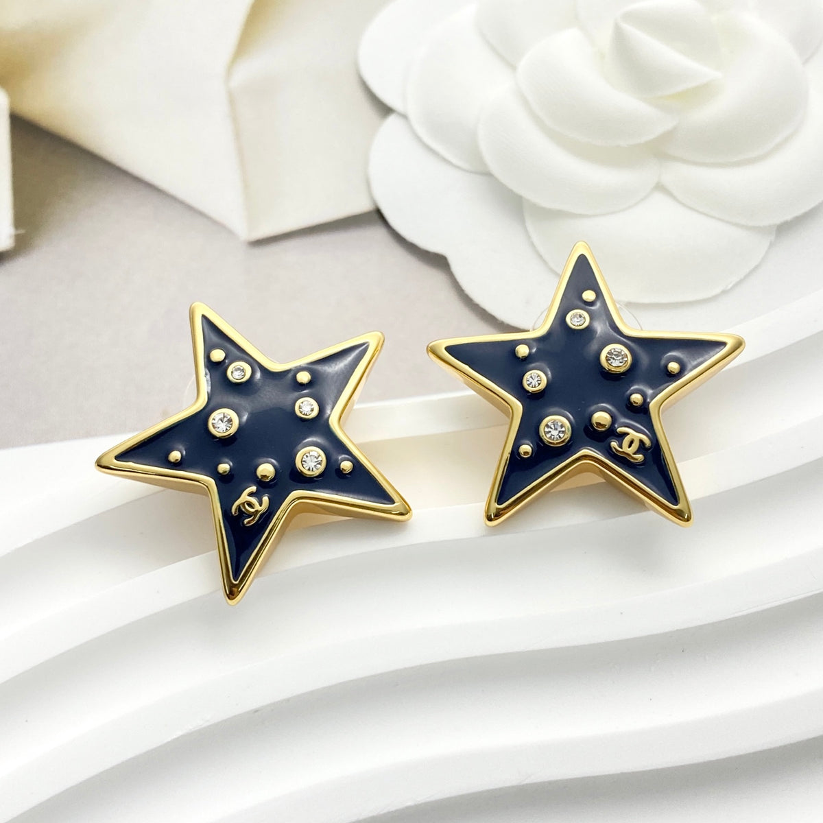 Double-C Emblem Crystal-Accent Stud Earrings – Star Detail – Design 003 front product view