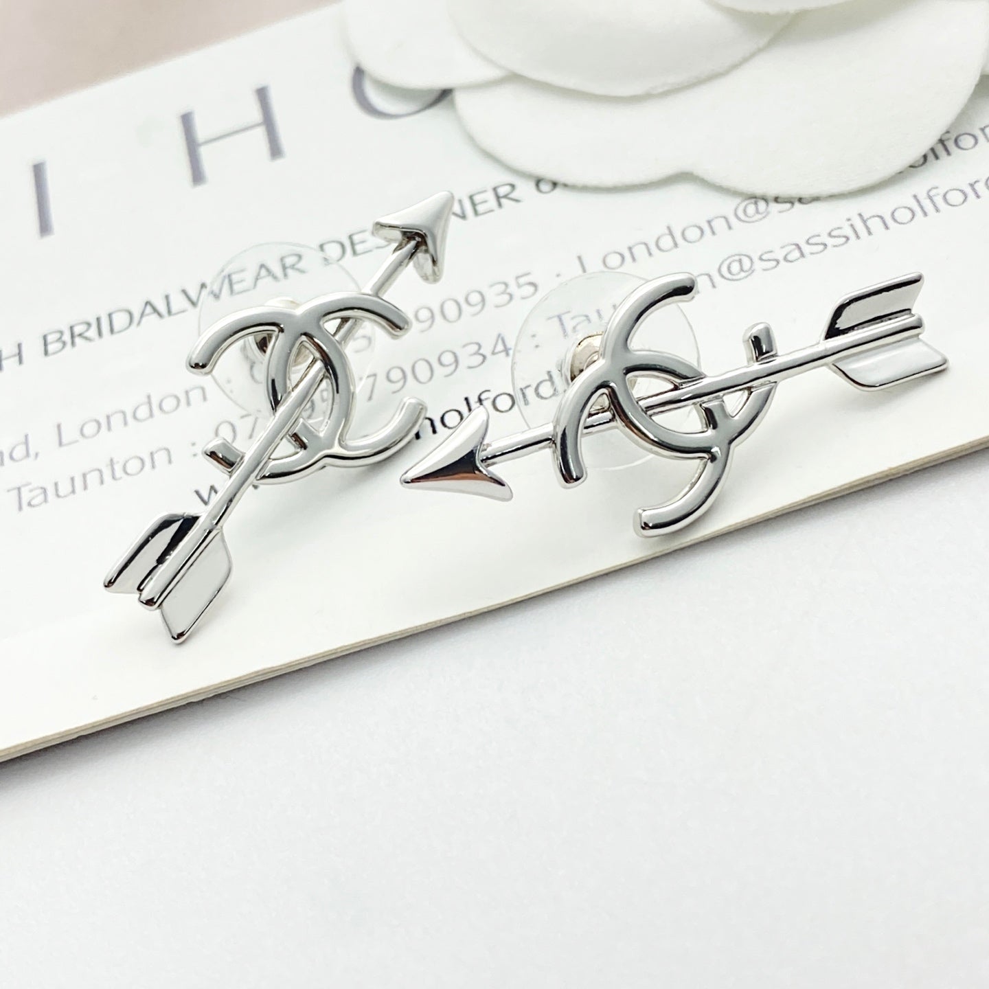 Double-C Emblem Stud Earrings in Silver-Tone – Design 008 detail view