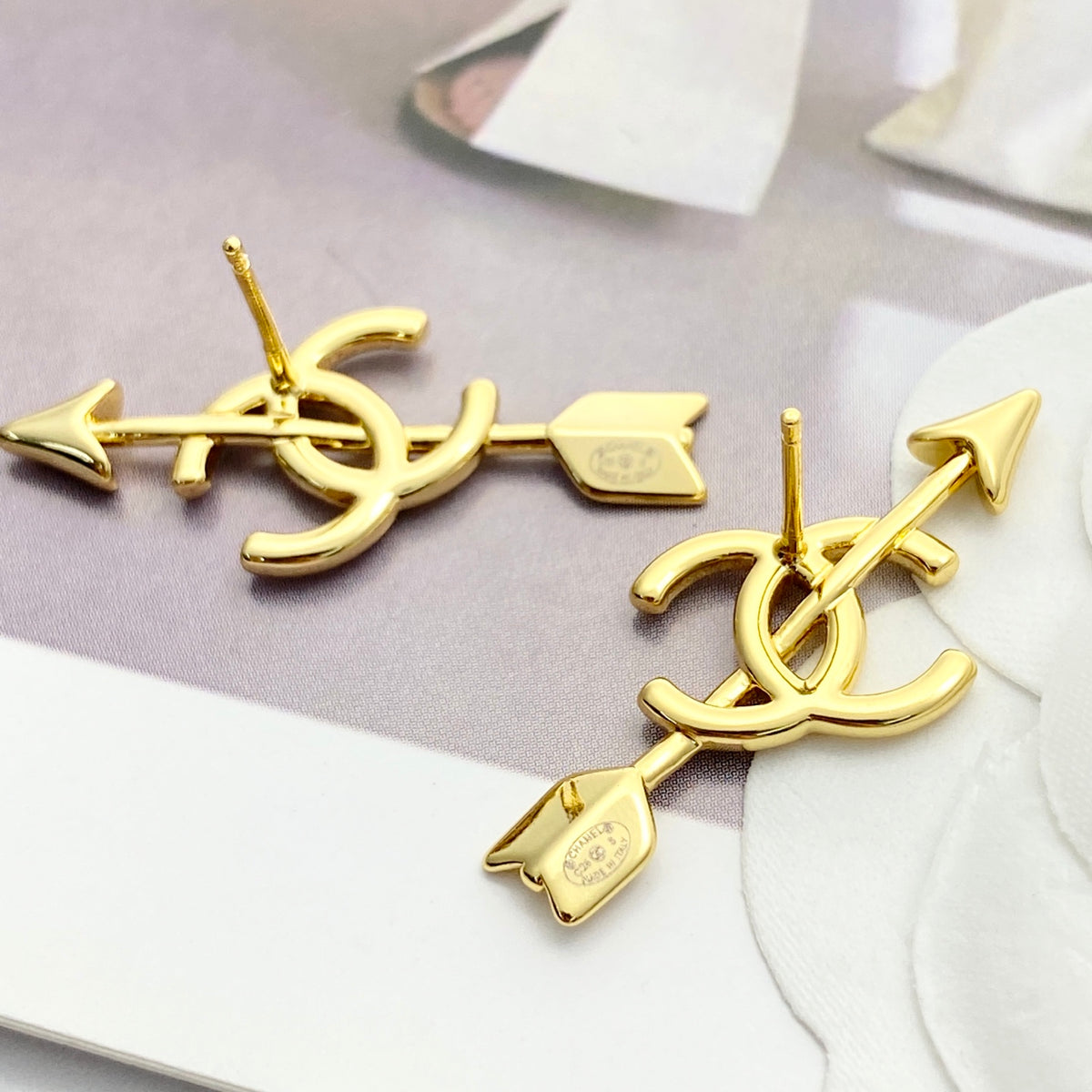 Double-C Emblem Stud Earrings in Gold-Tone – Design 027 front product view