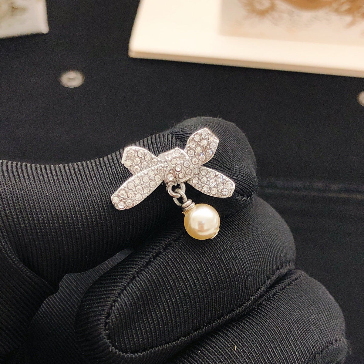 Bow & Butterfly Motif Stud Earrings in Polished Metal-Tone – Design 008 detail view