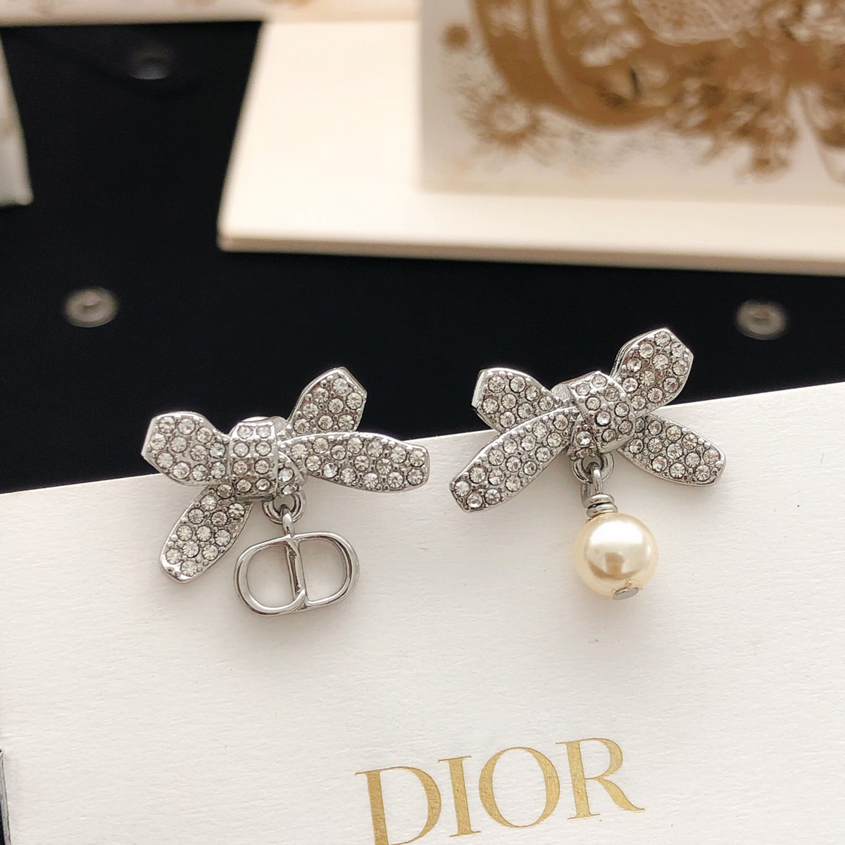 Bow & Butterfly Motif Stud Earrings in Polished Metal-Tone – Design 008 main product view