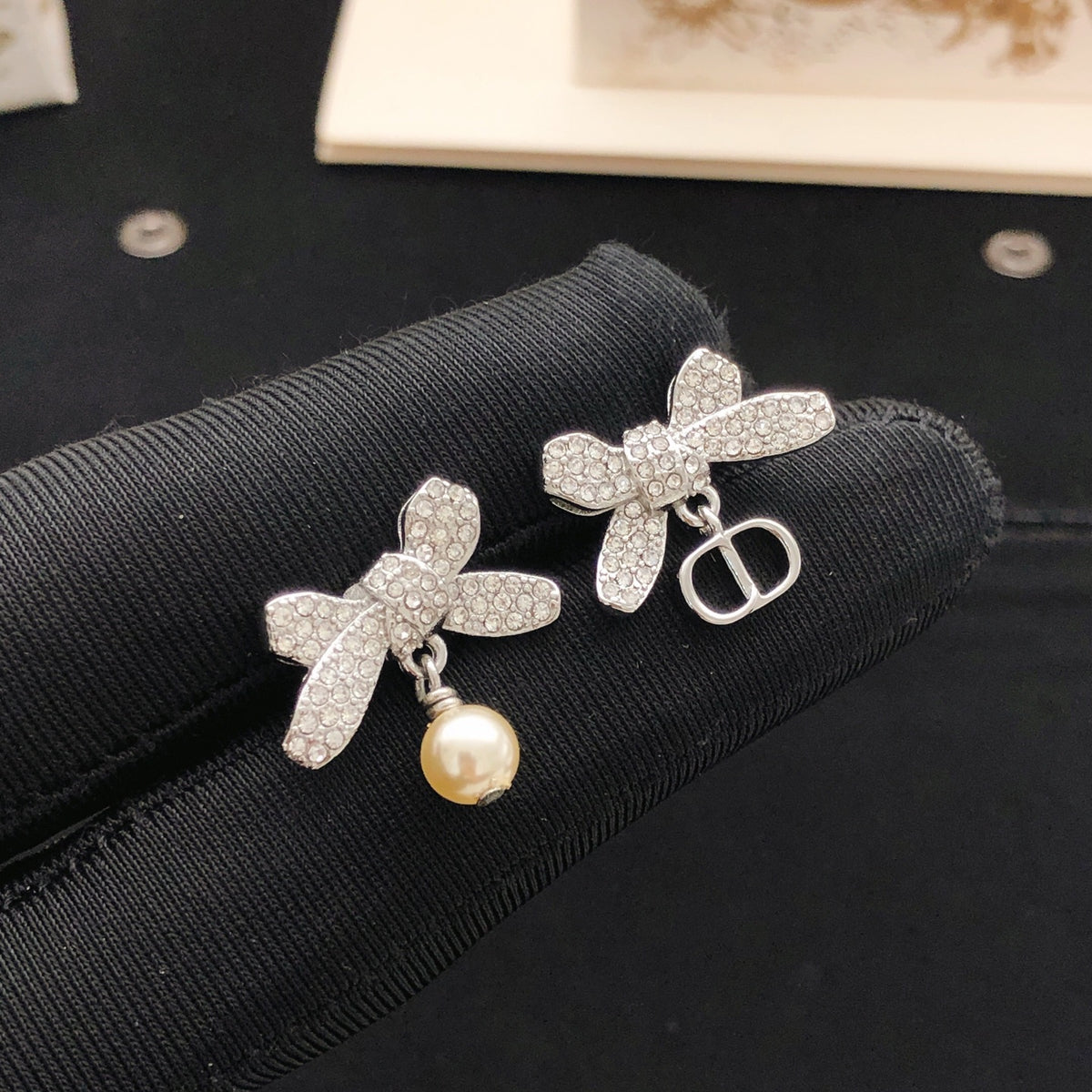 Bow & Butterfly Motif Stud Earrings in Polished Metal-Tone – Design 008 front view