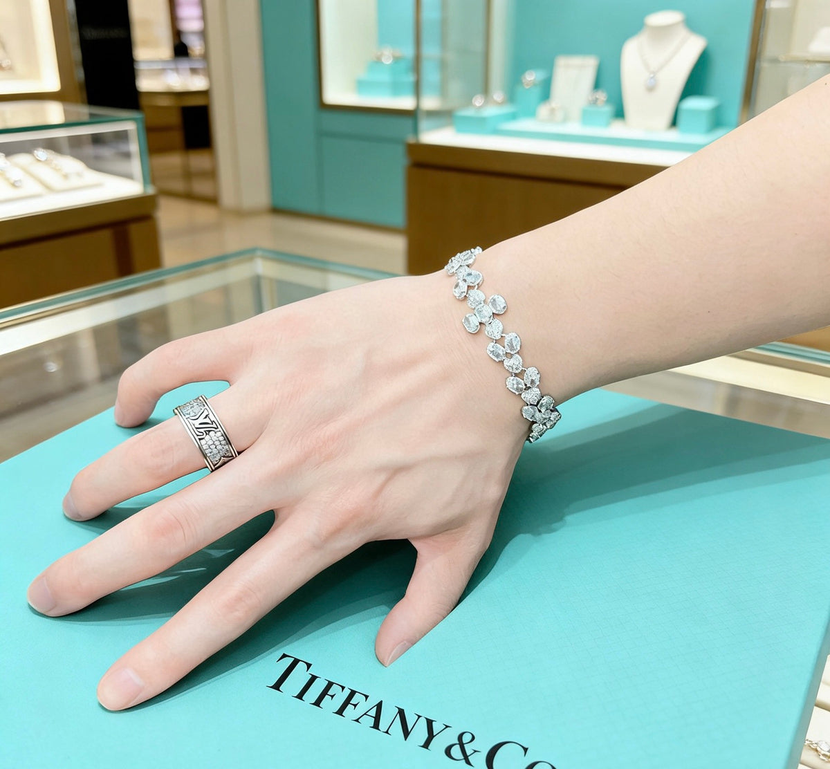 Floral Bracelet in Polished Metal-Tone – Crystal Detail – Design 03 front product view