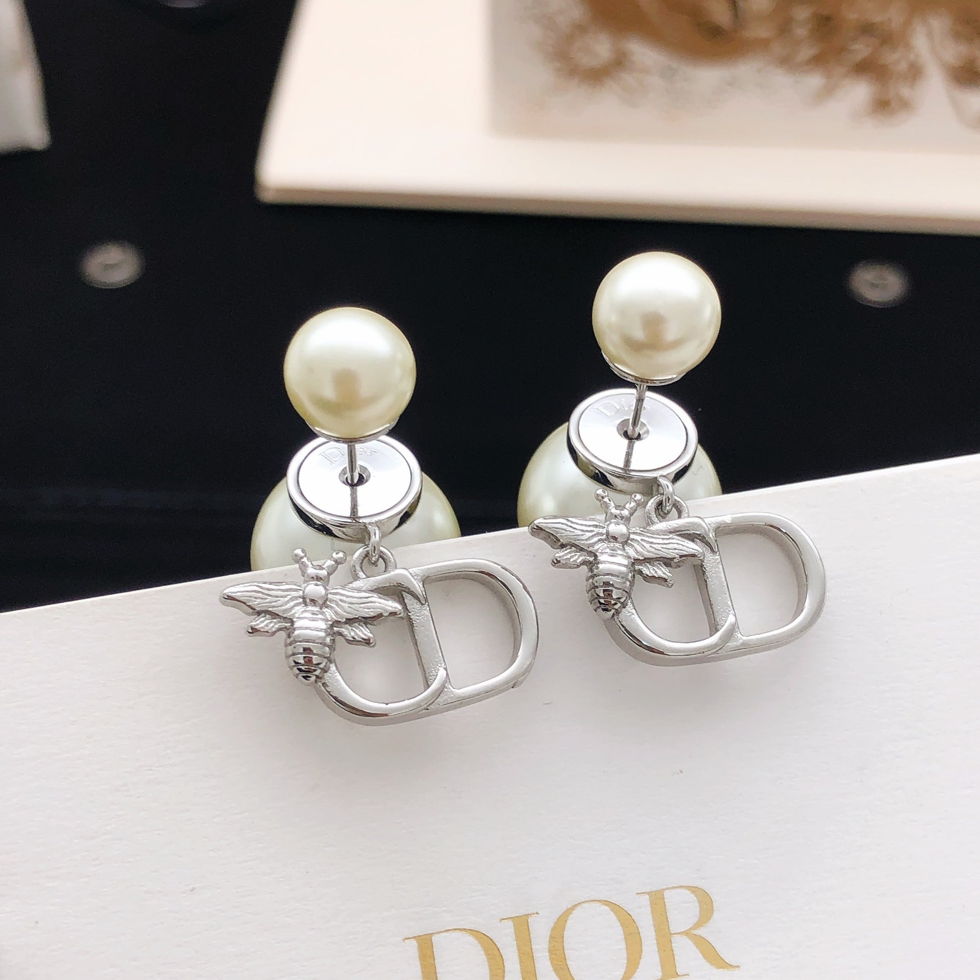 Bee Motif Stud Earrings in Polished Metal-Tone – Design 003 side detail
