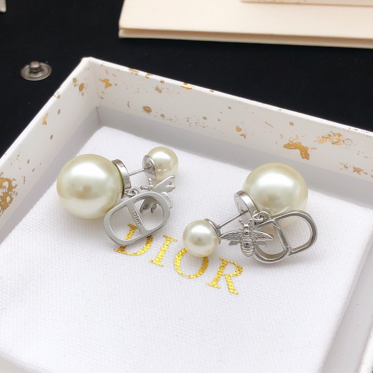 Bee Motif Stud Earrings in Polished Metal-Tone – Design 003 detail view
