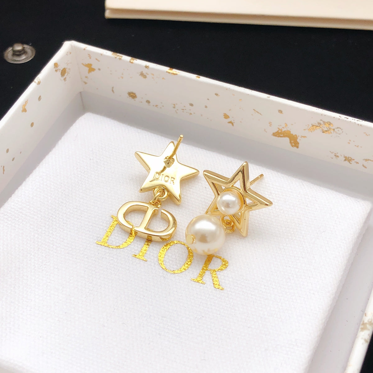 Star Motif Stud Earrings in Polished Metal-Tone – Design 007 side detail