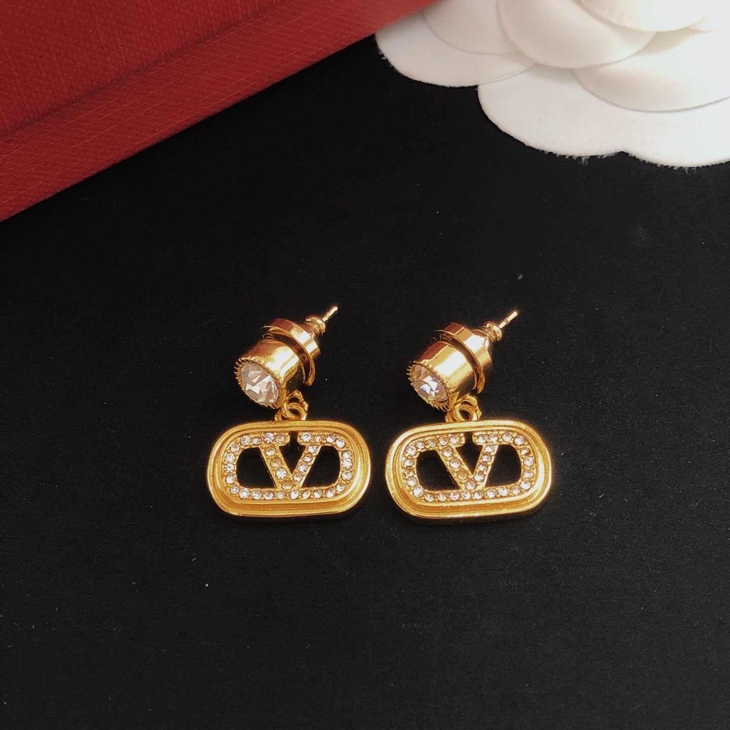 V Emblem Crystal-Accent Stud Earrings – Design 06 styled detail
