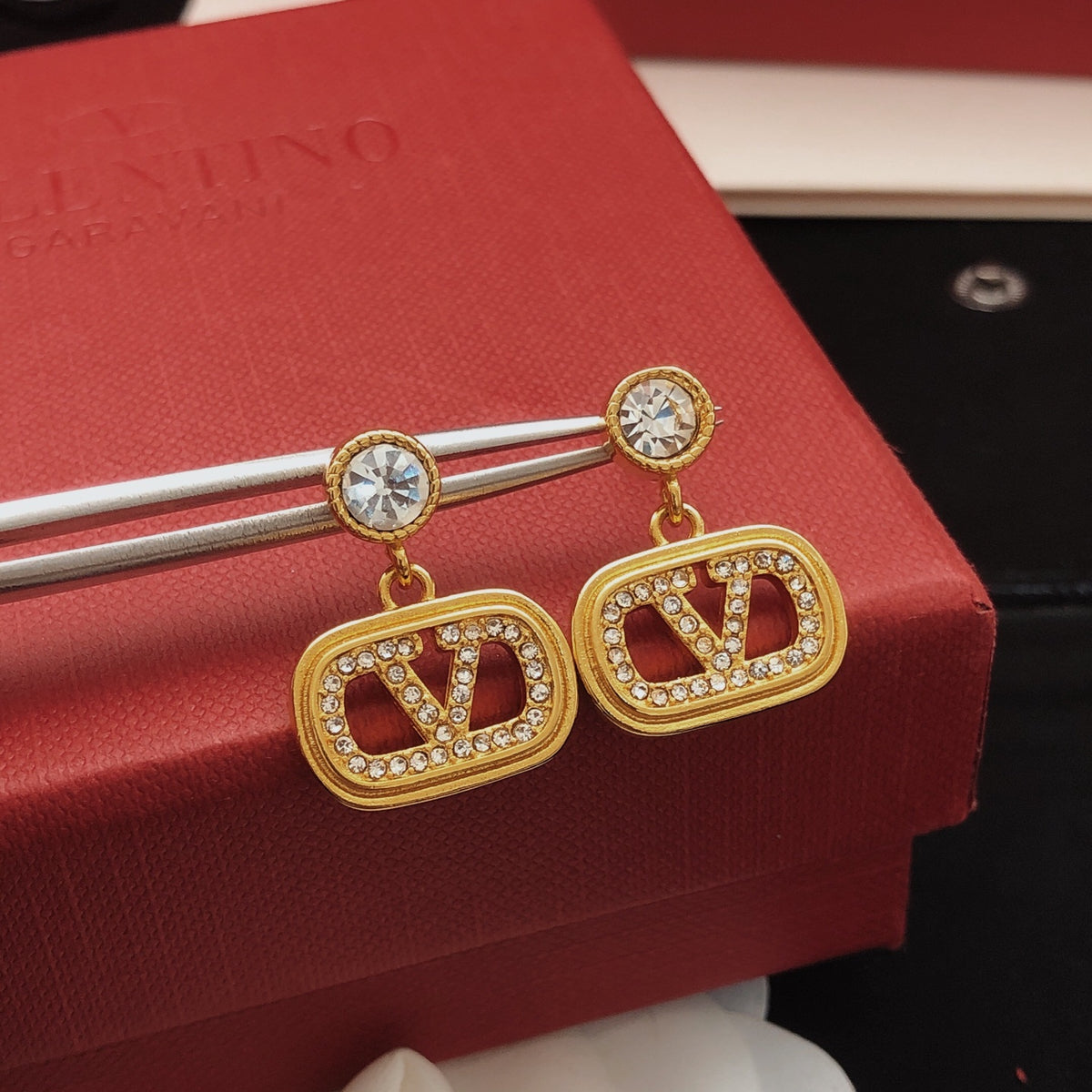 V Emblem Crystal-Accent Stud Earrings – Design 06 front view