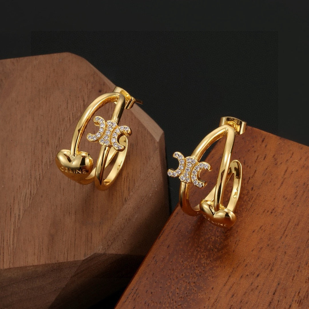 Triomphe-Inspired Emblem Stud Earrings in Polished Metal-Tone – Design 03 styled detail