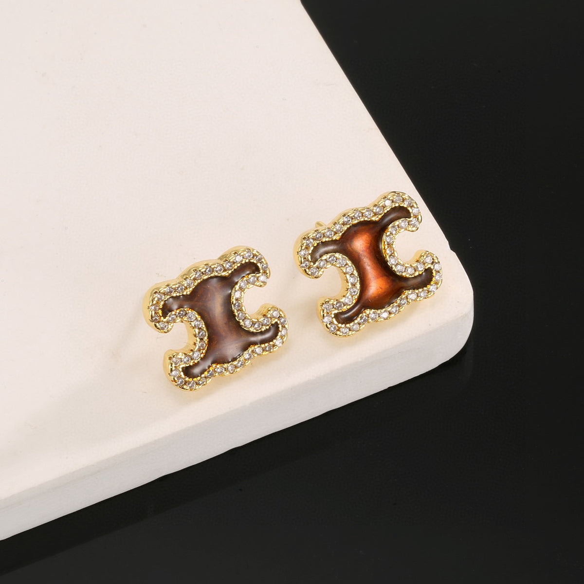 Signature Emblem Stud Earrings in Gold-Tone – Design 07 front view