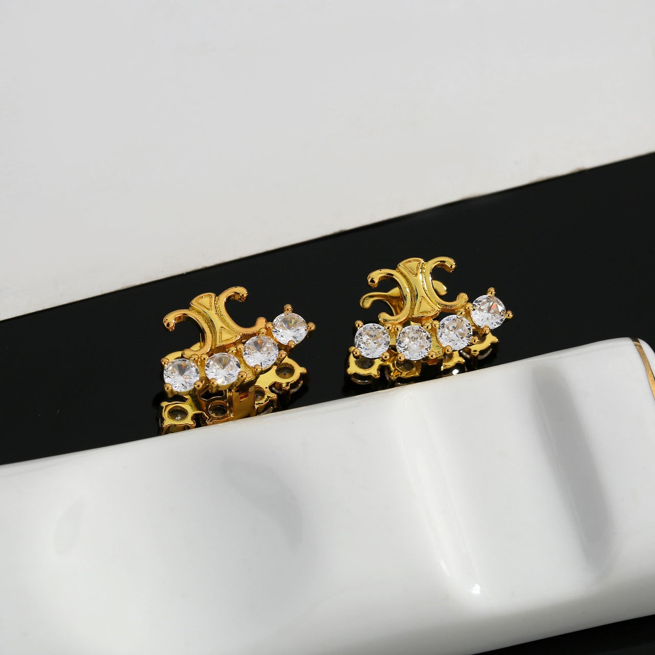 Signature Emblem Stud Earrings in Gold-Tone – Design 06 detail view