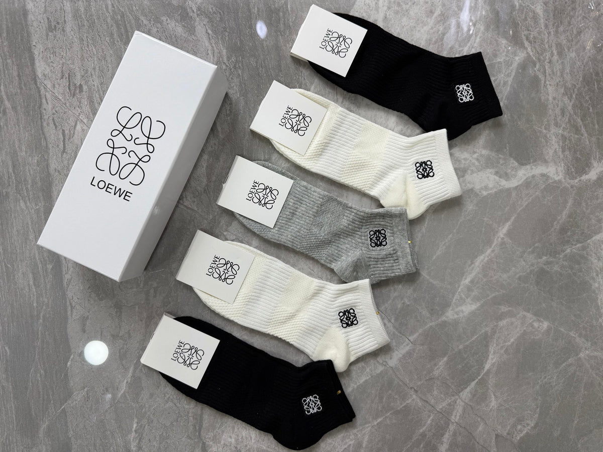 Loewe Cotton Visible Branded Cuff Or Emblem Details No-Show Socks - 5-Pair Set