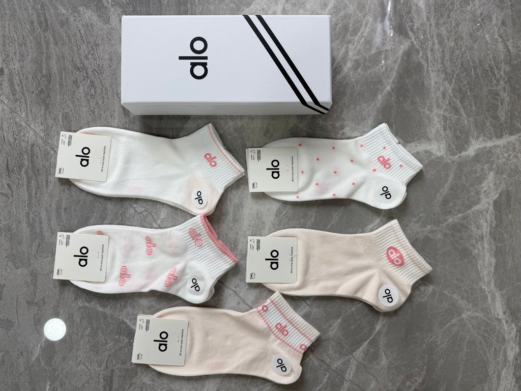 Alo Yoga Soft Pink Logo Details Ankle Socks - 5-Pair Set