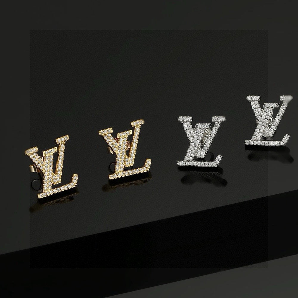 Letter Emblem Stud Earrings in Polished Metal-Tone – Design 031 detail view