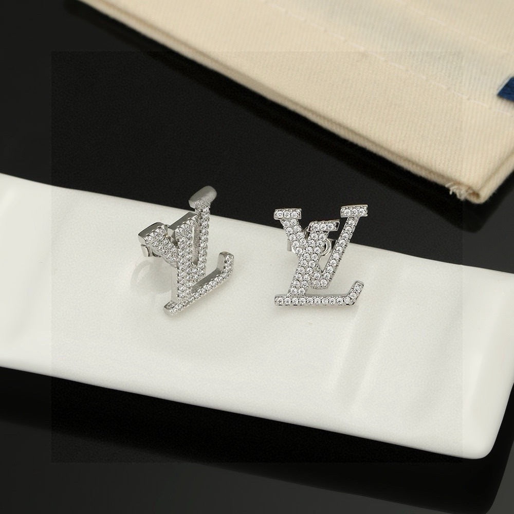 Letter Emblem Stud Earrings in Polished Metal-Tone – Design 031 front product view