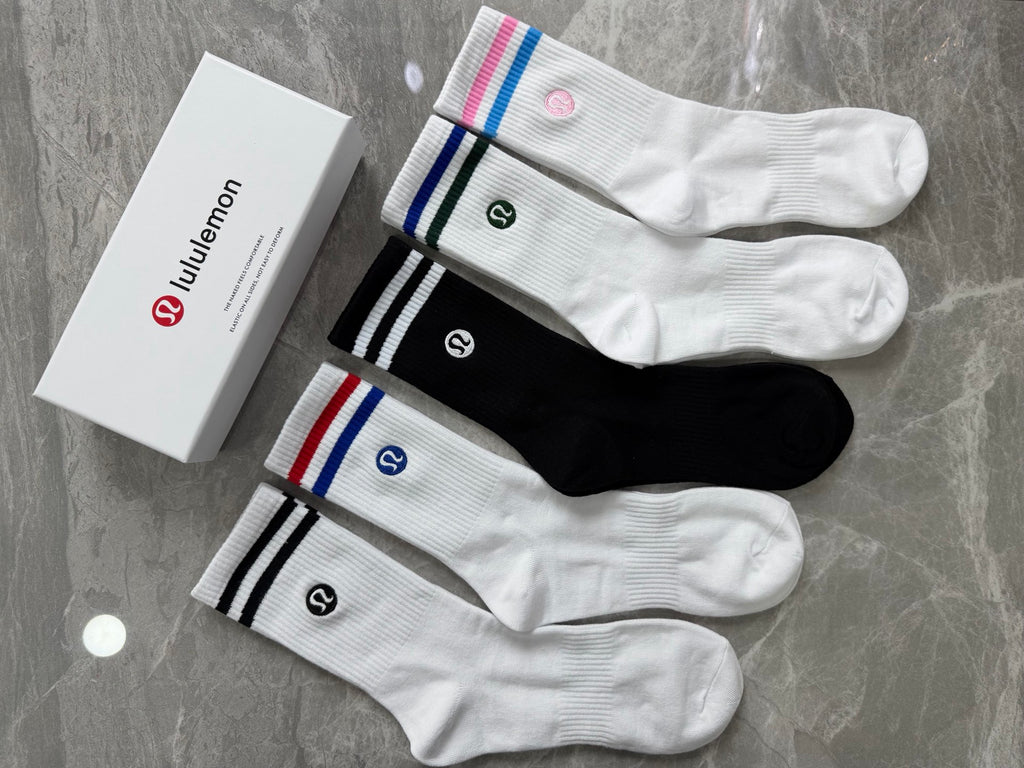 Lululemon Stripe Accents And Small Round Emblems Crew Socks - 5-Pair Set