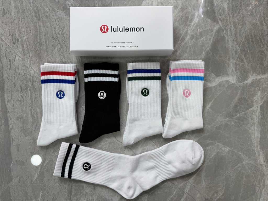 Lululemon Stripe Accents And Small Round Emblems Crew Socks - 5-Pair Set