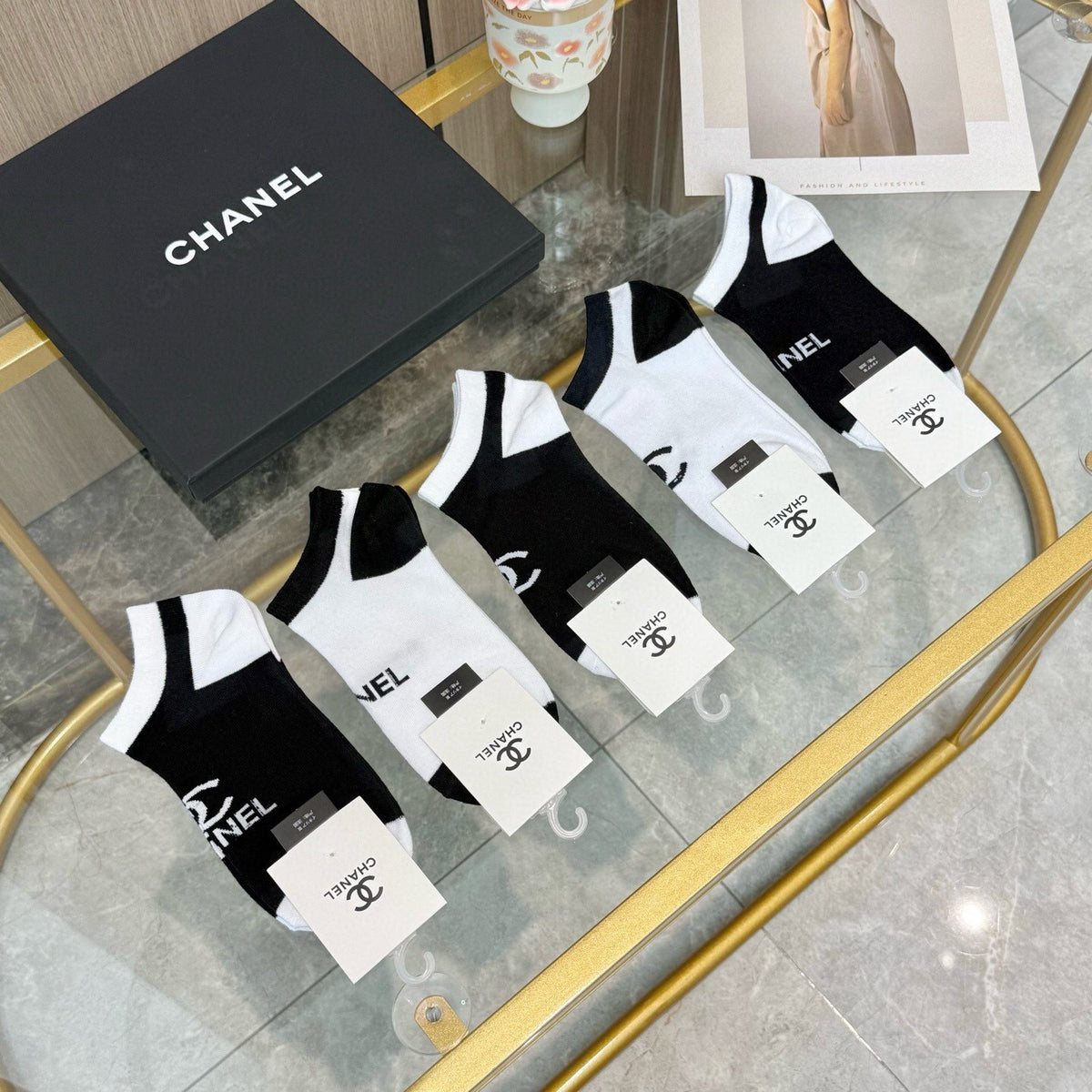 Chanel Visible Colour, Cuff And Emblem Details No-Show Socks - 5-Pair Set