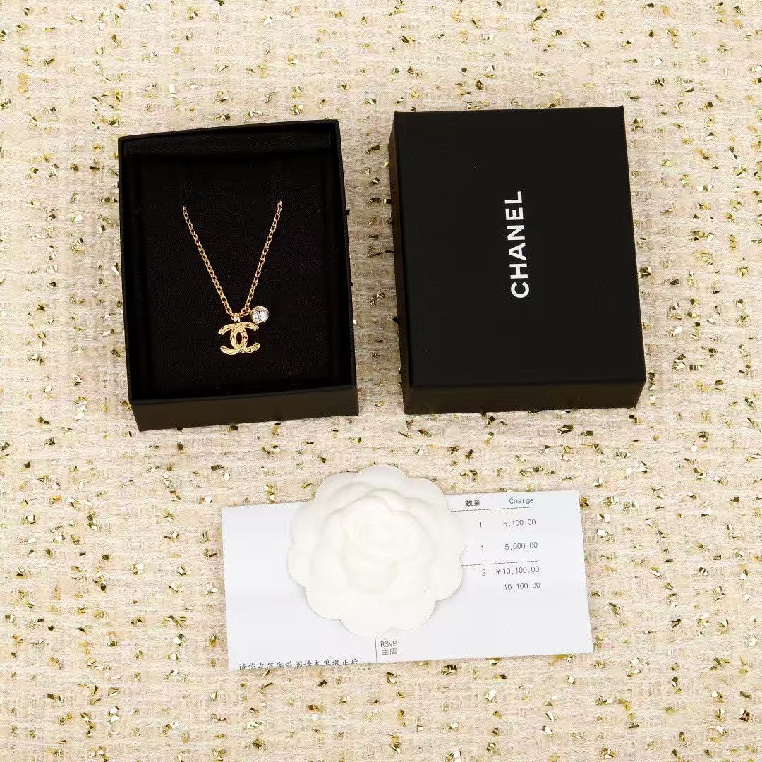 Double-C Emblem Pendant Necklace in Gold-Tone – Design 012 styled product view