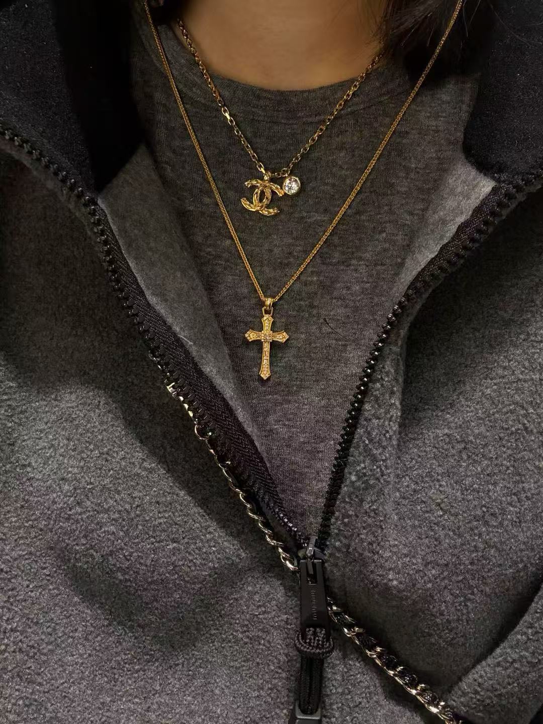 Double-C Emblem Pendant Necklace in Gold-Tone – Design 012 detail view