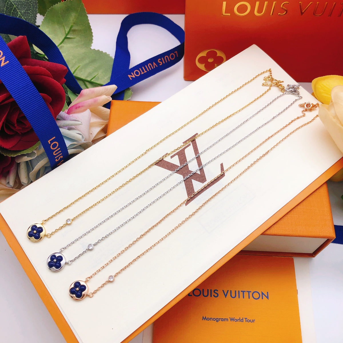 Geometric Emblem Pendant Necklace in Gold-Tone – Blue Detail – Design 002 styled product view