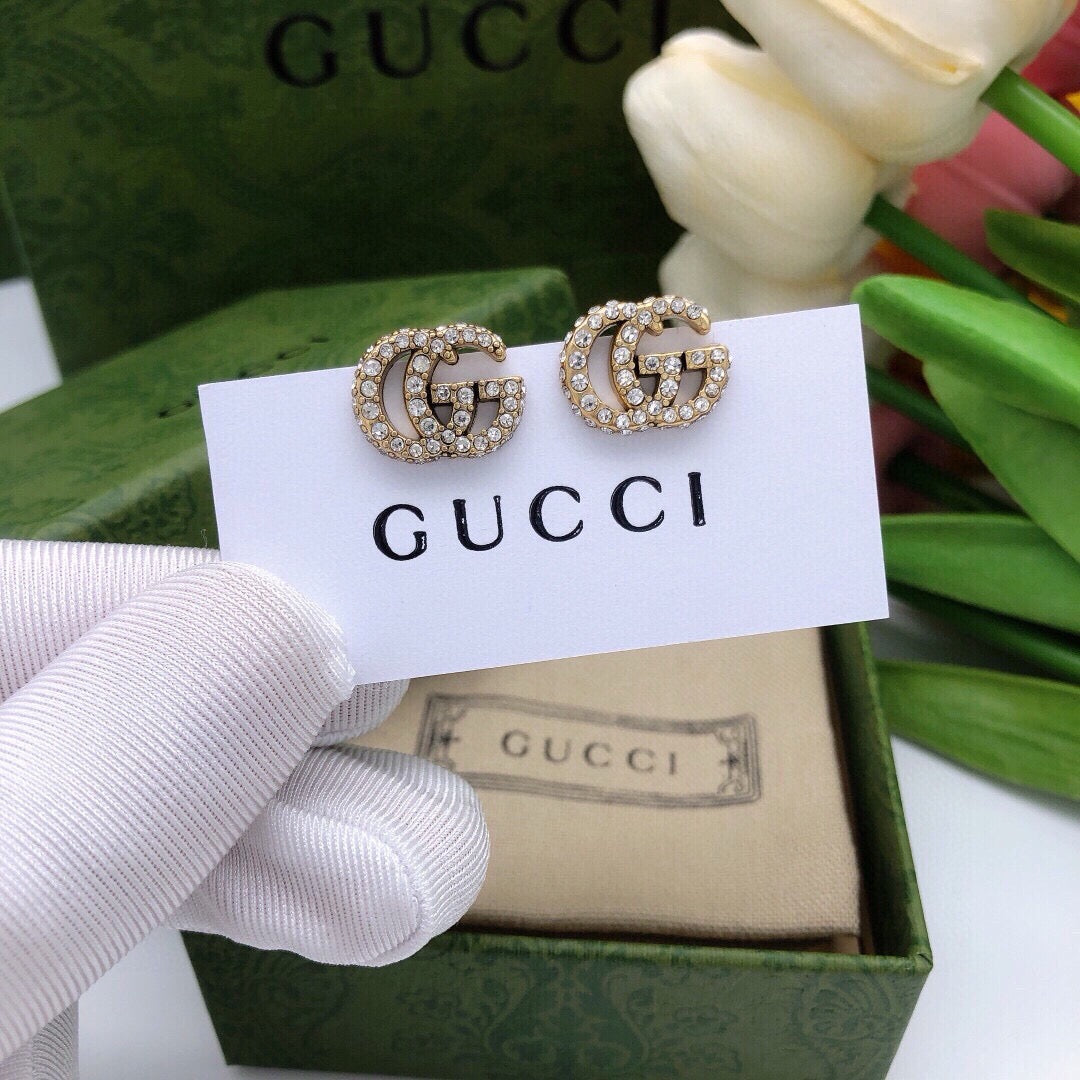 Double-G Emblem Stud Earrings in Polished Metal-Tone – Design 004 front product view