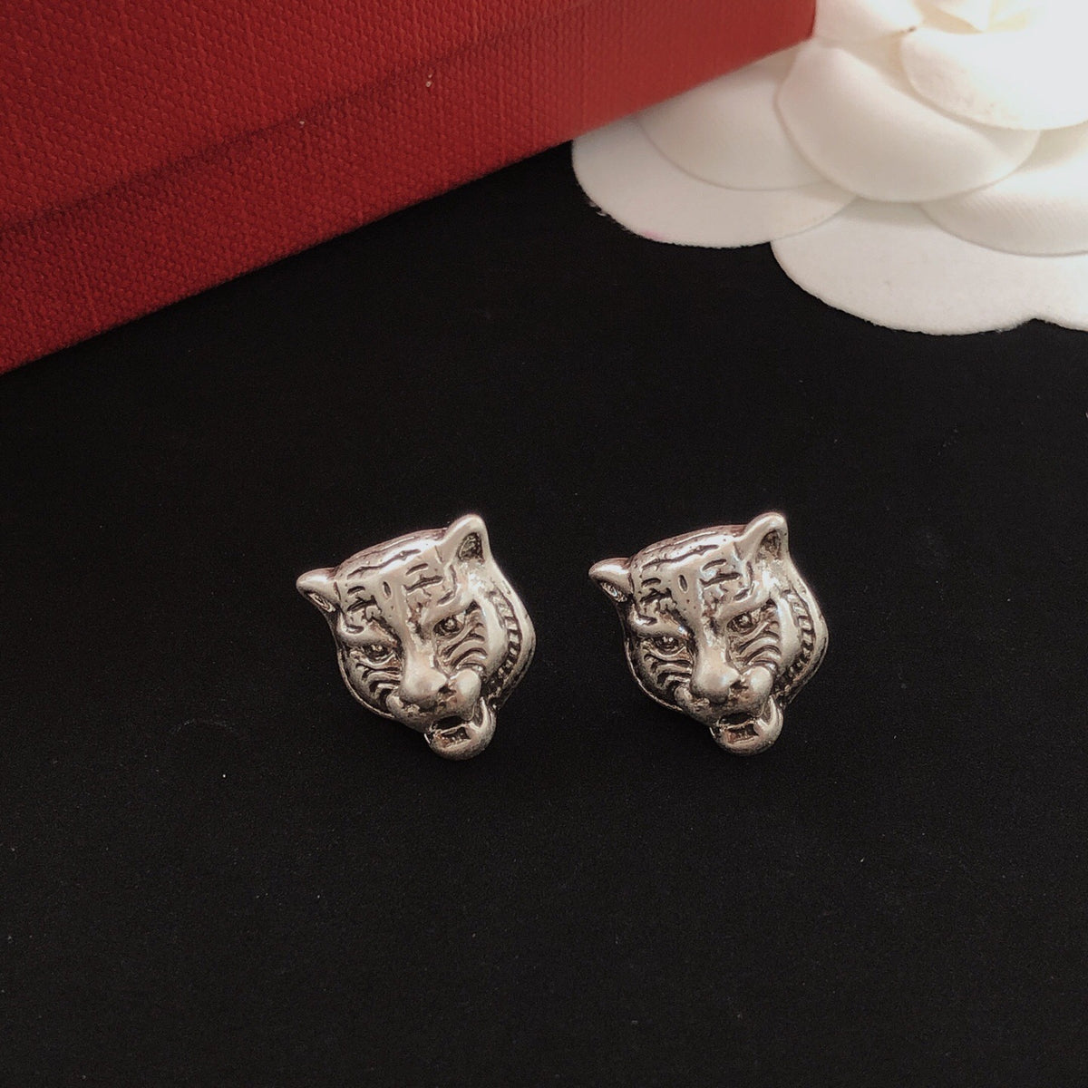Tiger Head Stud Earrings in Gold-Tone close-up detail