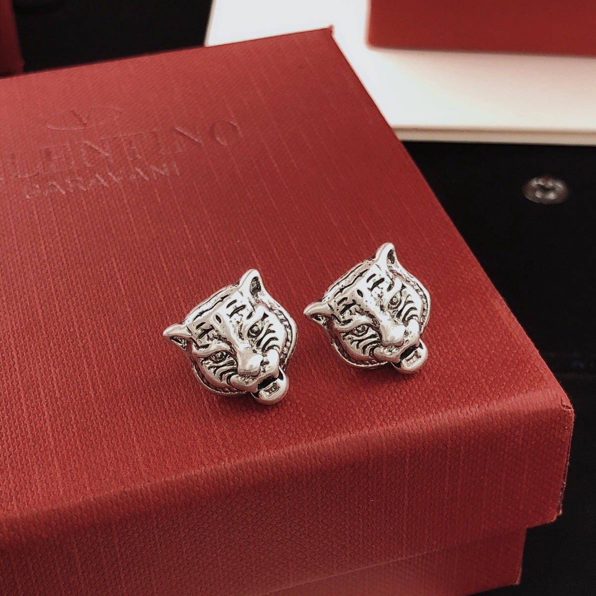 Tiger Head Stud Earrings in Gold-Tone styled product view
