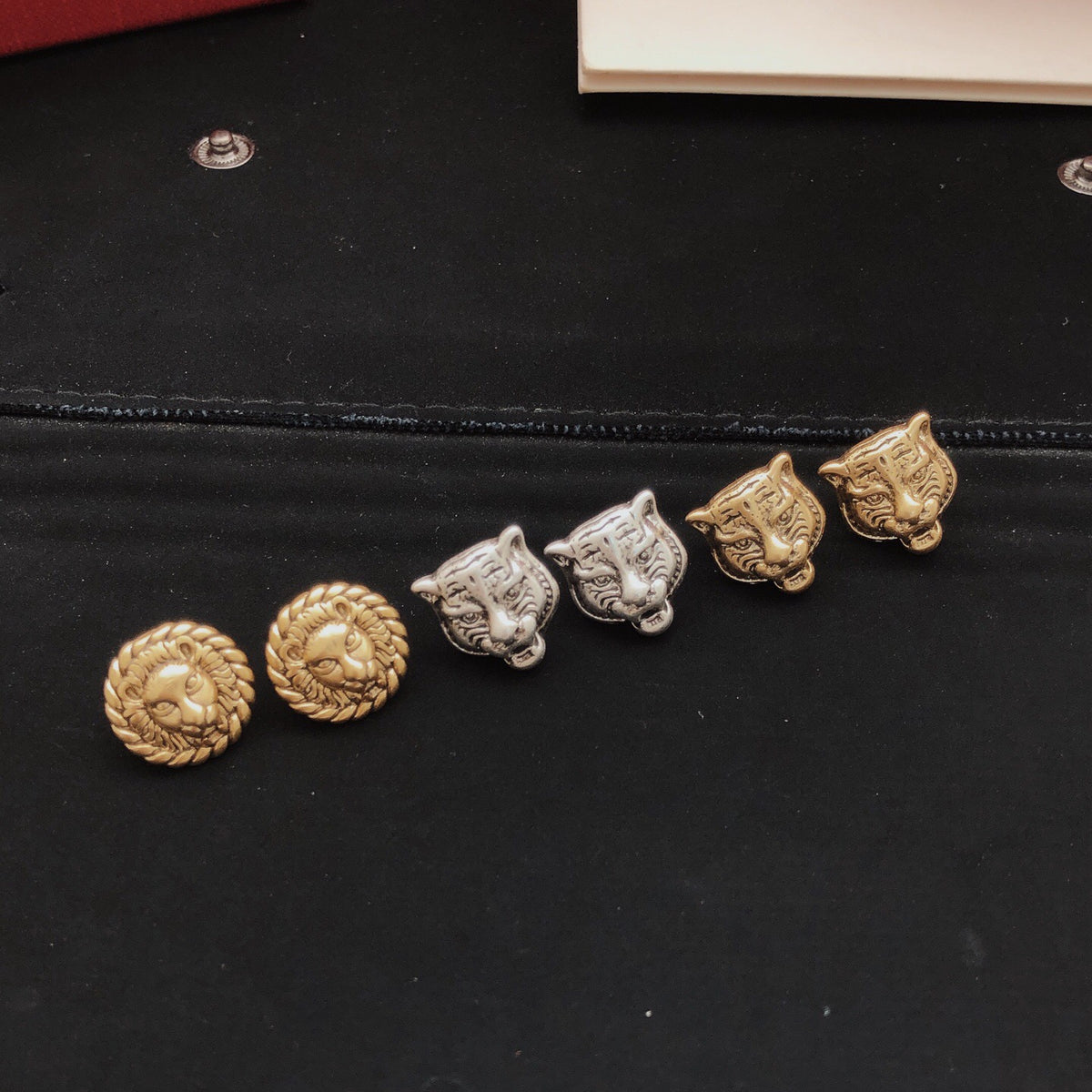 Tiger Head Stud Earrings in Gold-Tone detail view