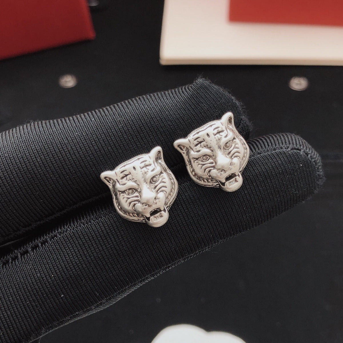 Tiger Head Stud Earrings in Gold-Tone detail view