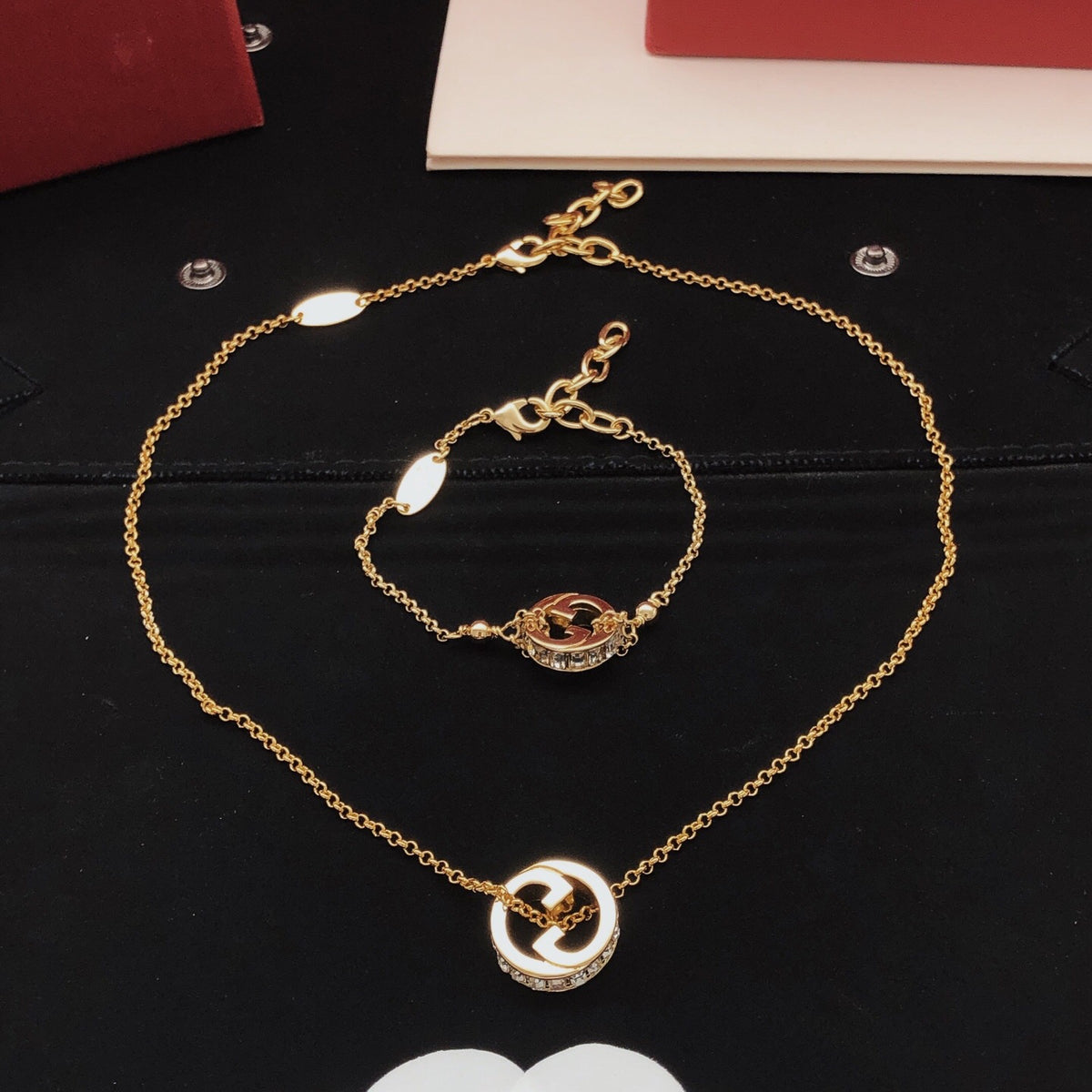 Geometric Emblem Pendant Necklace in Gold-Tone – Design 001 styled product view