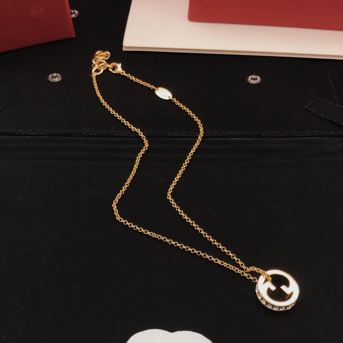 Geometric Emblem Pendant Necklace in Gold-Tone – Design 001 detail view
