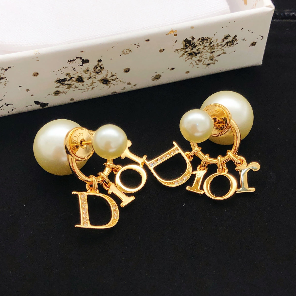 Pearl-Style Motif Stud Earrings in Gold-Tone with Pearl-Style Detail – Design 006 front view