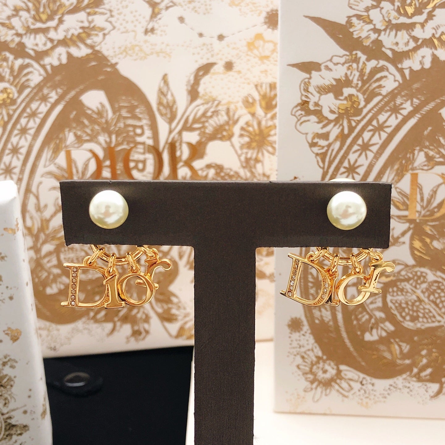 Pearl-Style Motif Stud Earrings in Gold-Tone with Pearl-Style Detail – Design 006 styled view