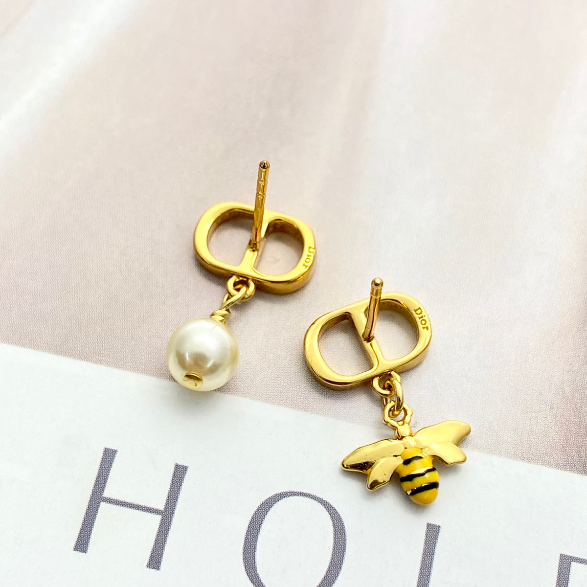 Pearl-Style Motif Stud Earrings in Gold-Tone with Pearl-Style Detail – Design 005 styled view