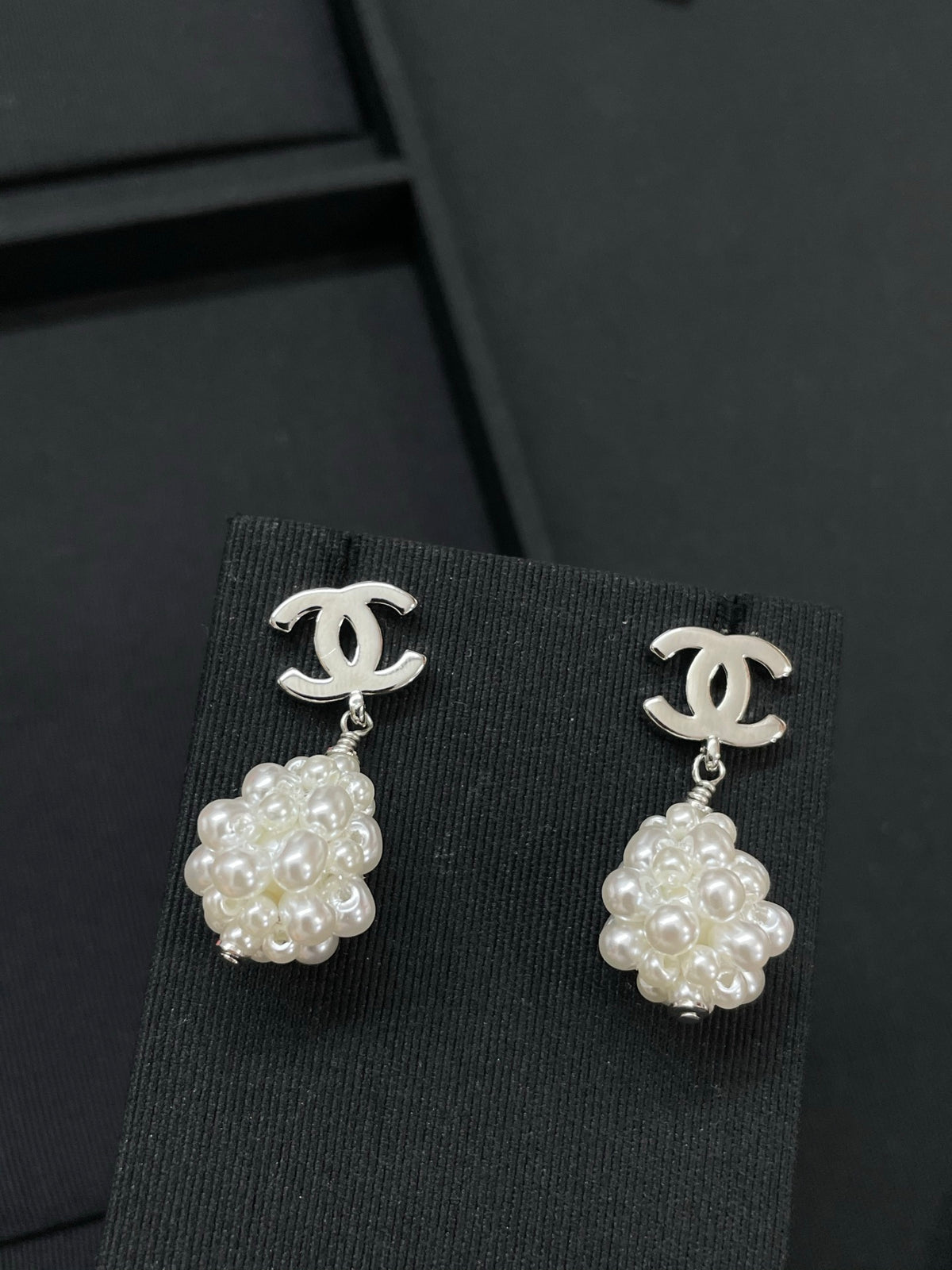 Double-C Emblem Pearl-Detail Statement Earrings – Pearl Detail – Design 024 front product view