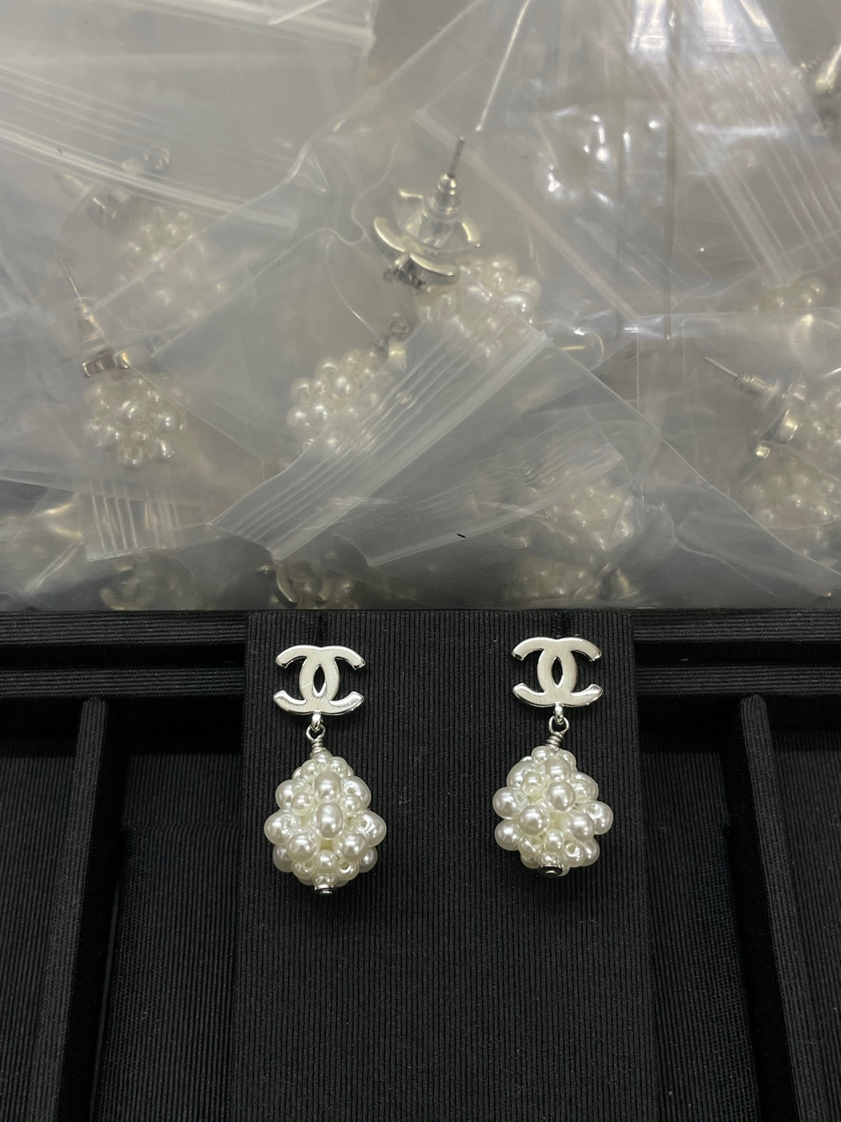 Double-C Emblem Pearl-Detail Statement Earrings – Pearl Detail – Design 024 styled product view