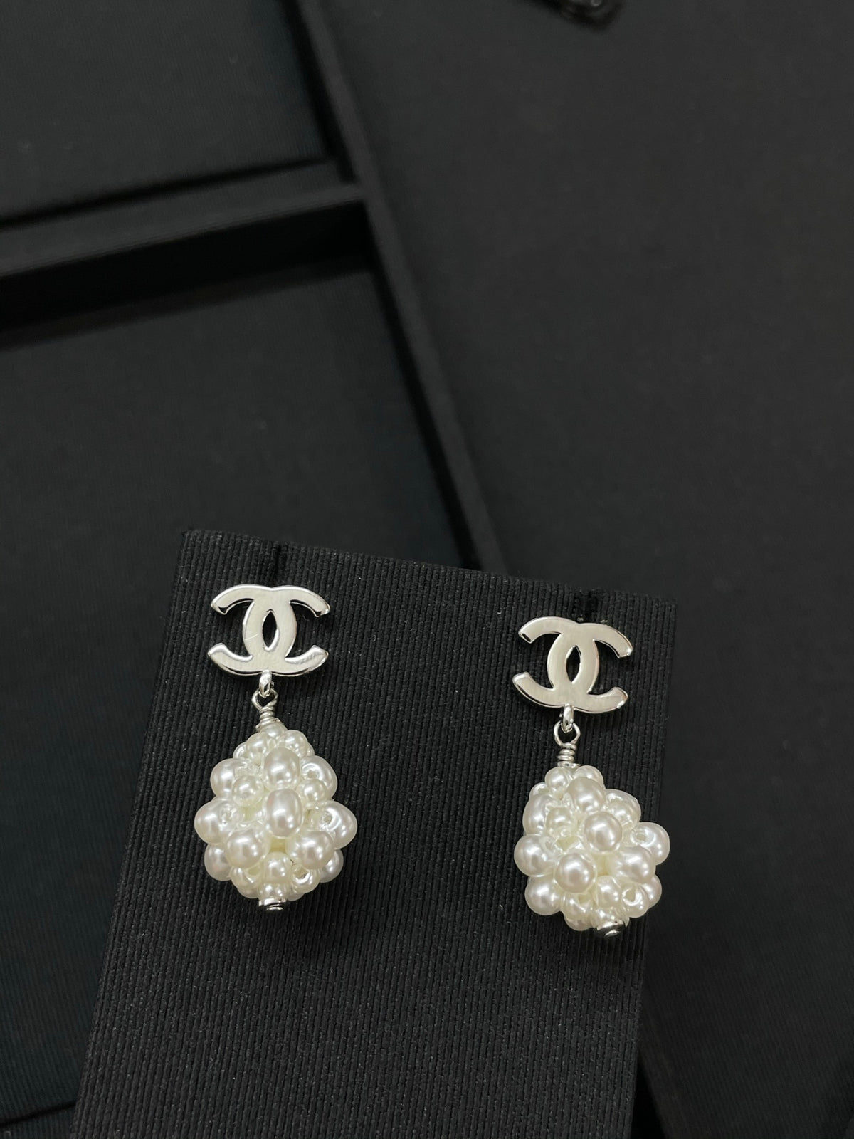 Double-C Emblem Pearl-Detail Statement Earrings – Pearl Detail – Design 024 detail view