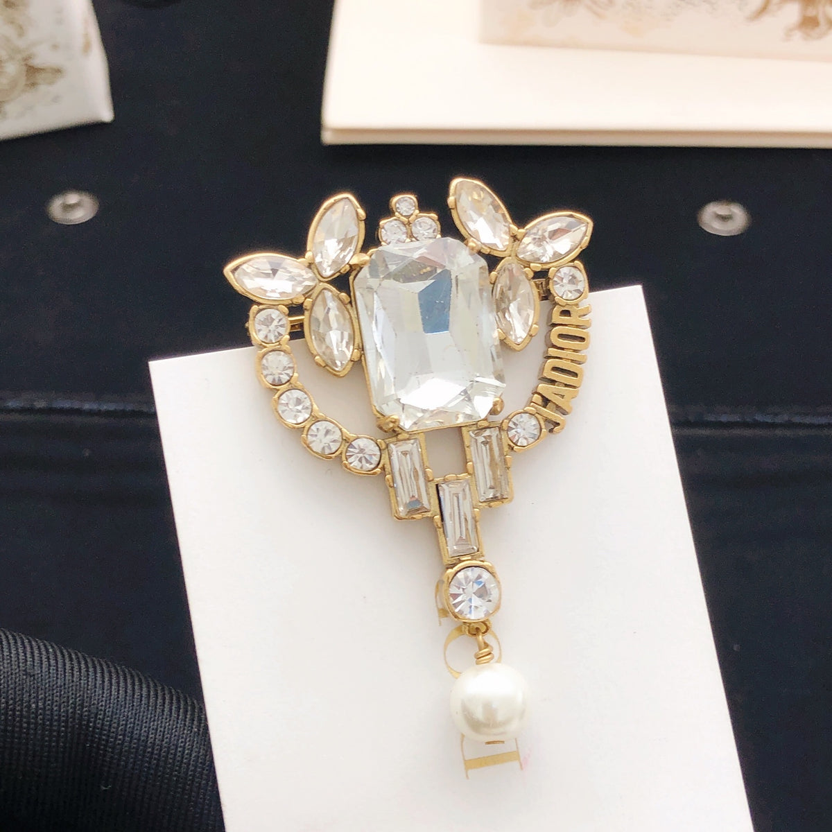 Sculptural Brooch Pin in Polished Metal-Tone with Crystal-Style Accents – Design 009 styled view