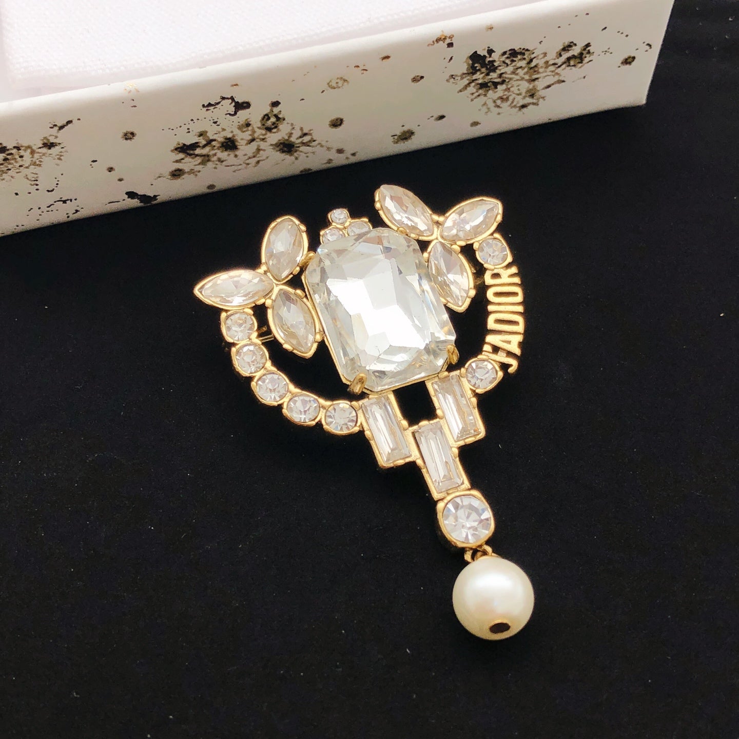 Sculptural Brooch Pin in Polished Metal-Tone with Crystal-Style Accents – Design 003 front view