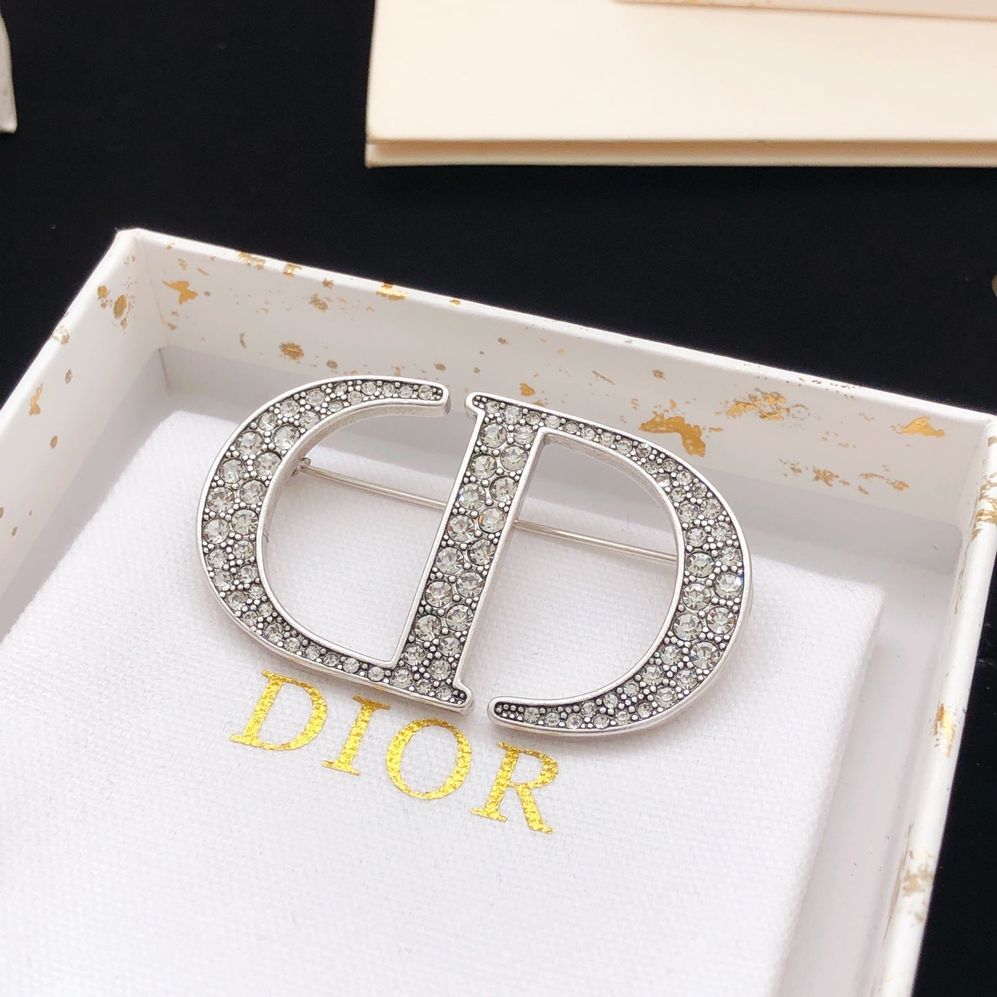 Graphic Letter Motif Brooch Pin in Silver-Tone with Crystal-Style Accents – Design 001 styled view