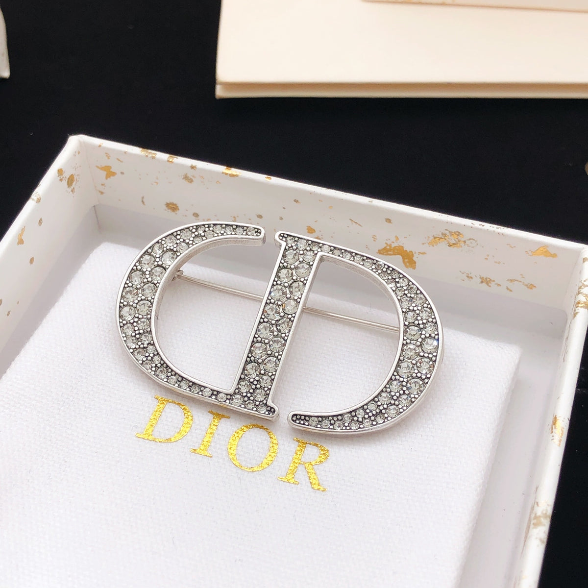 Graphic Letter Motif Brooch Pin in Silver-Tone with Crystal-Style Accents – Design 002 styled view