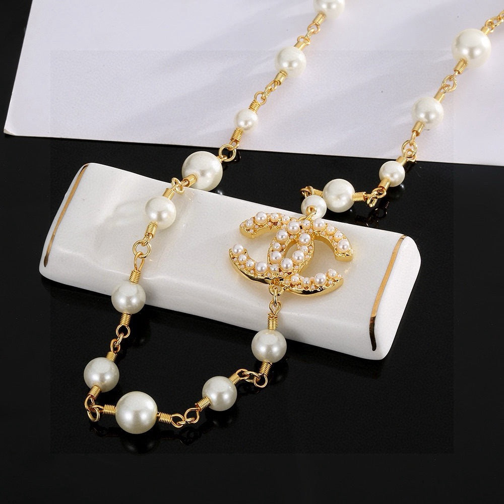 Double-C Emblem Pearl-Detail Pendant Necklace – Pearl Detail – Design 008 main product view