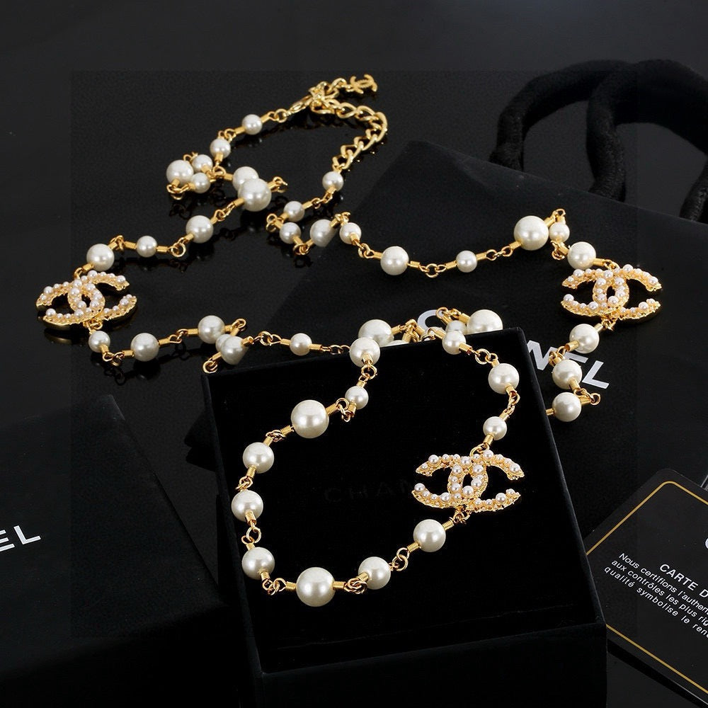 Double-C Emblem Pearl-Detail Pendant Necklace – Pearl Detail – Design 008 front product view