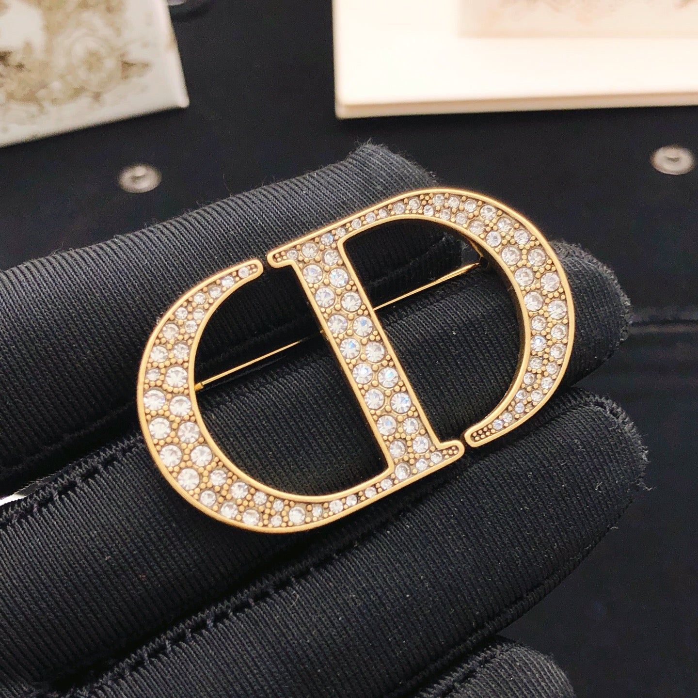 Graphic Letter Motif Brooch Pin in Polished Metal-Tone with Crystal-Style Accents – Design 001 styled view