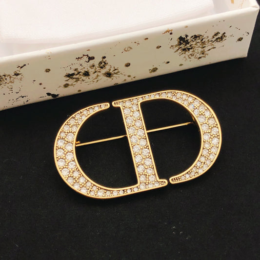 Graphic Letter Motif Brooch Pin in Polished Metal-Tone with Crystal-Style Accents – Design 001 main product view