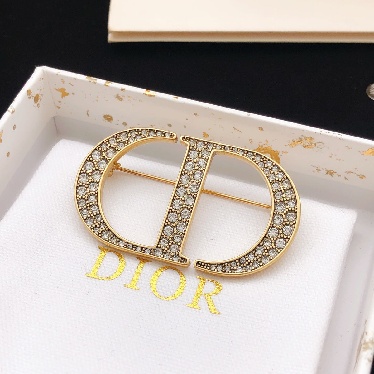 Graphic Letter Motif Brooch Pin in Polished Metal-Tone with Crystal-Style Accents – Design 003 detail view